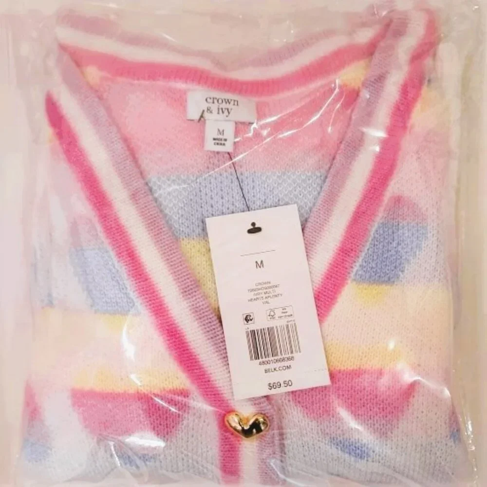 Crown & Ivy Ivory Multi Hearts Aplenty Cropped Gold Button Cardigan Size M NWT - Picture 2 of 5